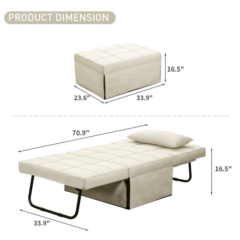 Ainfox Ottoman Chair Lounger Bedi 1/4 4 in 1 Convertible Single Sofa Couch Futon Bed, 70.9''L x 33.9''W(Beige) - Image 3