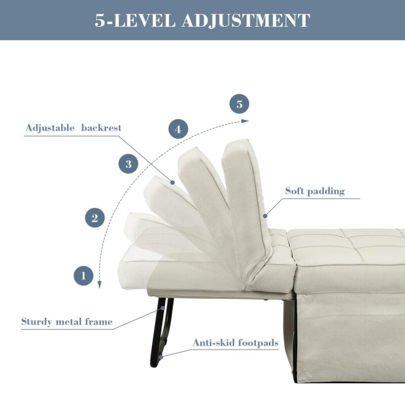 Ainfox Ottoman Chair Lounger Bedi 1/4 4 in 1 Convertible Single Sofa Couch Futon Bed, 70.9''L x 33.9''W(Beige) - Image 8