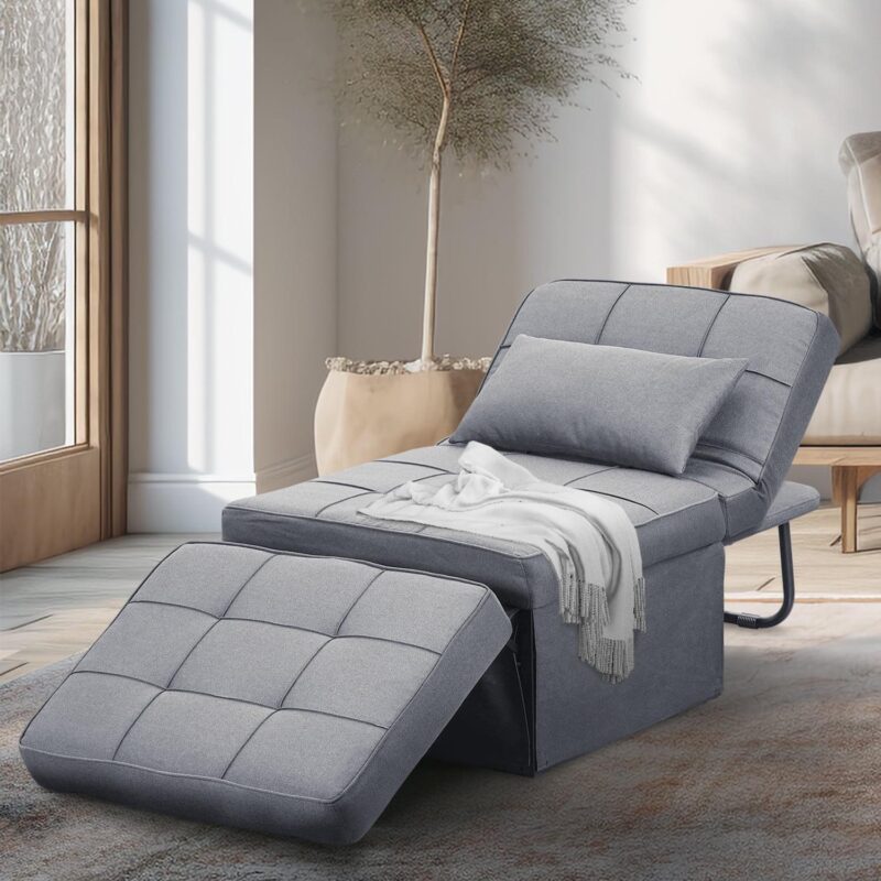 Ainfox Ottoman Chair Lounger Bedi 1/4 4 in 1 Breathable Linen Convertible Single Sofa Couch, 73.2''L x 28.15''(Light Grey)