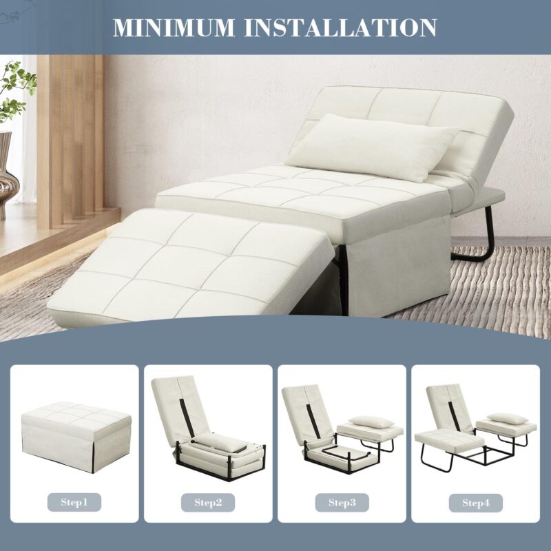 Ainfox Ottoman Chair Lounger Bedi 1/4 4 in 1 Convertible Single Sofa Couch Futon Bed, 70.9''L x 33.9''W(Beige) - Image 6