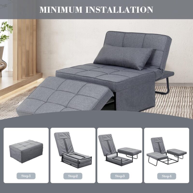 Ainfox Ottoman Chair Lounger Bedi 1/4 4 in 1 Convertible Single Sofa Couch Futon Bed, 70.9''L x 33.9''W(Light Grey) - Image 7