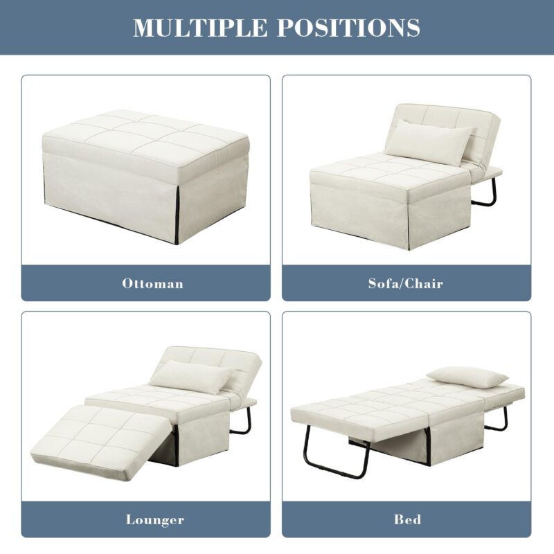Ainfox Ottoman Chair Lounger Bedi 1/4 4 in 1 Convertible Single Sofa Couch Futon Bed, 70.9''L x 33.9''W(Beige) - Image 4