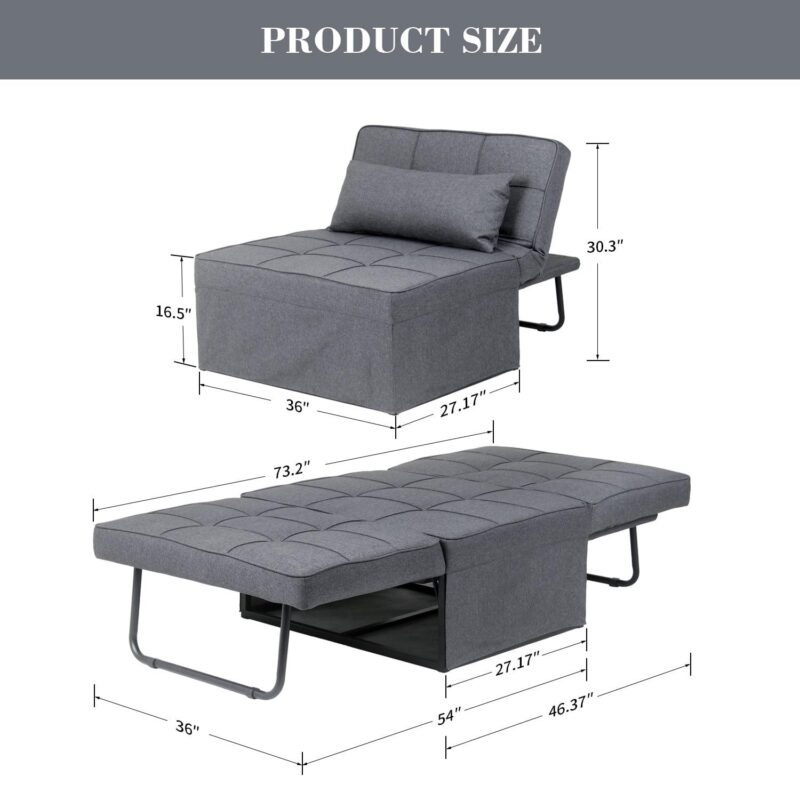 Ainfox Ottoman Chair Lounger Bedi 1/4 4 in 1 Convertible Single Sofa Couch Futon Bed, 70.9''L x 33.9''W(Light Grey) - Image 5
