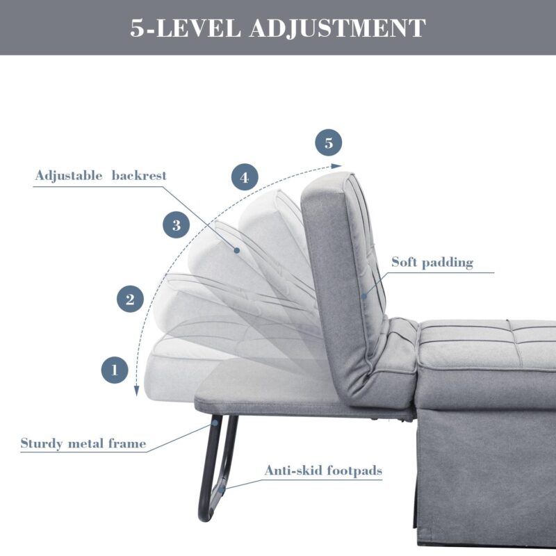 Ainfox Ottoman Chair Lounger Bedi 1/4 4 in 1 Breathable Linen Convertible Single Sofa Couch, 73.2''L x 28.15''(Light Grey) - Image 3