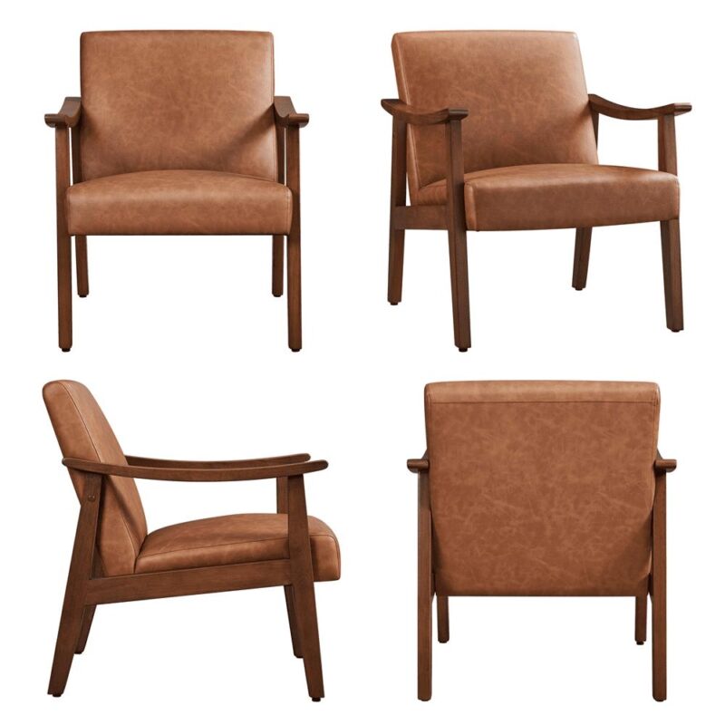 Alden Design Mid-Century Modern Accent Chair with Wooden Frame, Warm Brown Faux Leather - Image 5