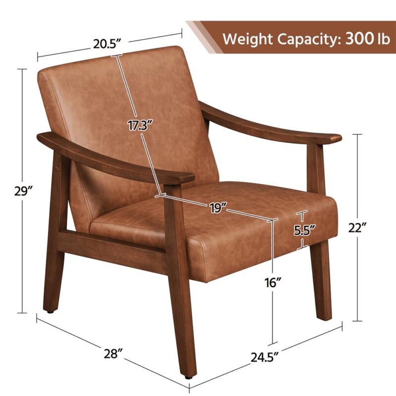 Alden Design Mid-Century Modern Accent Chair with Wooden Frame, Warm Brown Faux Leather - Image 4