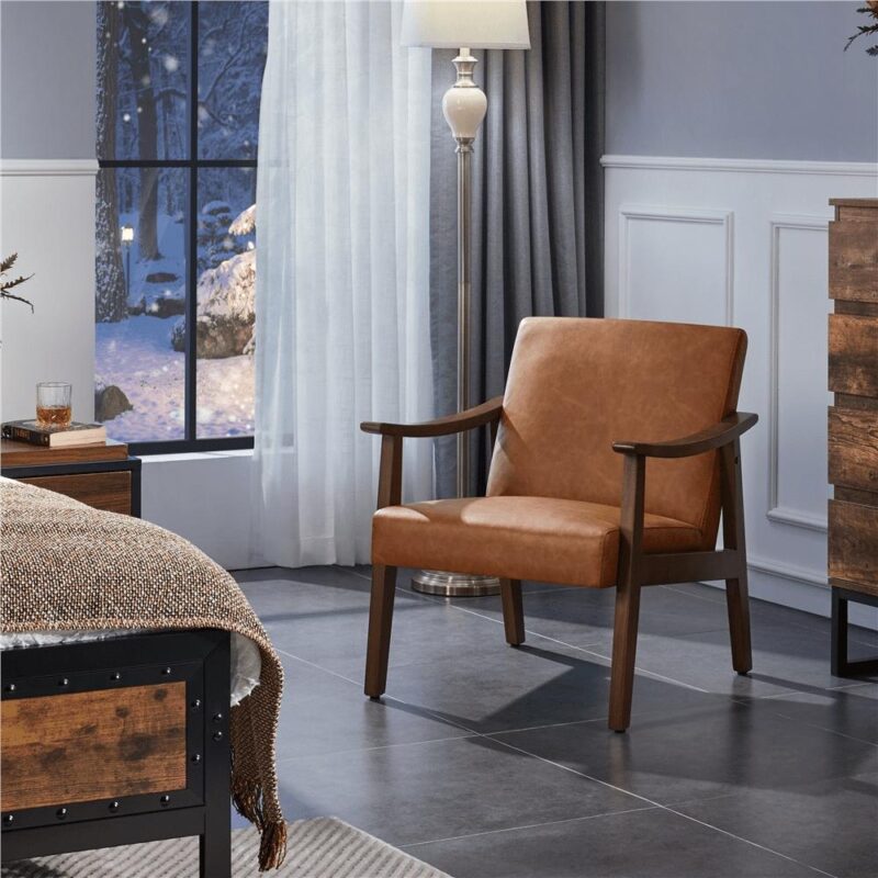 Alden Design Mid-Century Modern Accent Chair with Wooden Frame, Warm Brown Faux Leather - Image 3