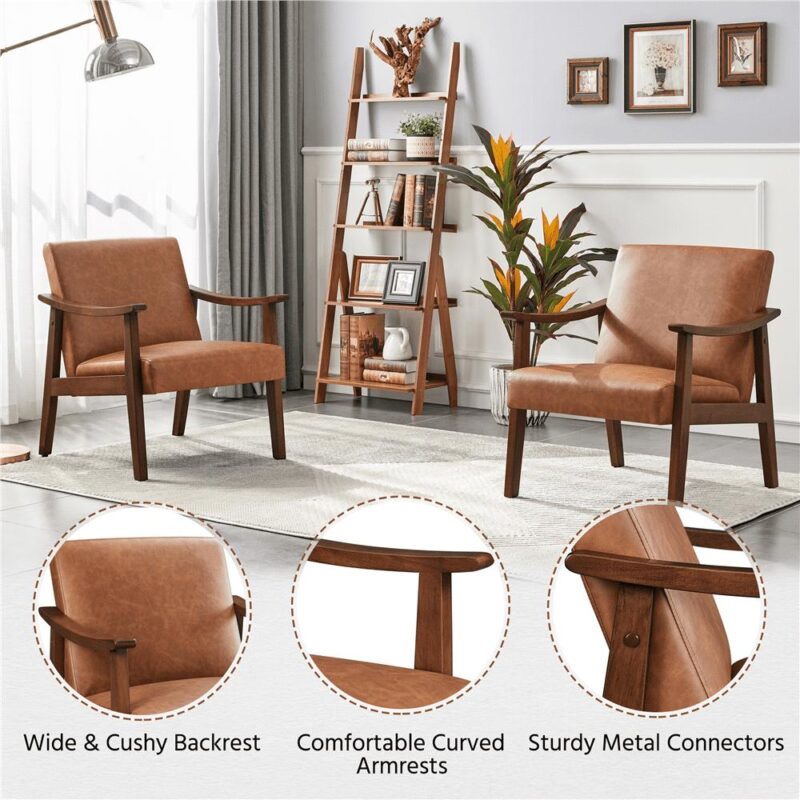 Alden Design Mid-Century Modern Accent Chair with Wooden Frame, Warm Brown Faux Leather - Image 8
