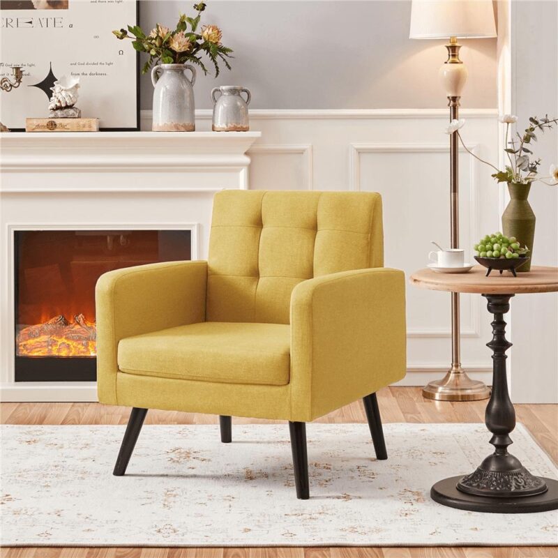 Alden Design Modern Tufted Accent Arm Chair with Rubber Wood Leg for Living Room, Yellow - Image 6