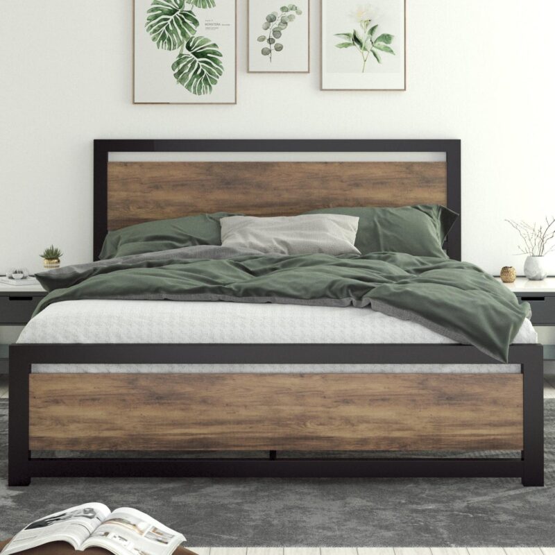 Allewie Queen Size Metal Platform Bed Frame with Square Frame Wooden Headboard&Footboard, 12.4  Under-bed Storage Space, Brown