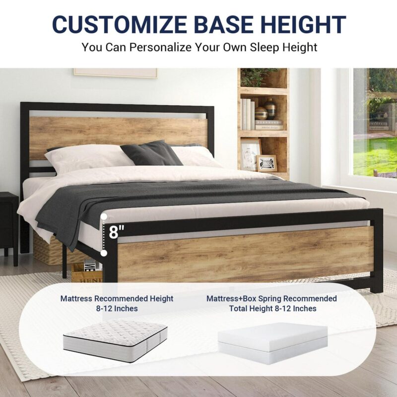 Allewie Queen Size Metal Platform Bed Frame with Square Frame Wooden Headboard&Footboard, 12.4  Under-bed Storage Space, Brown - Image 5