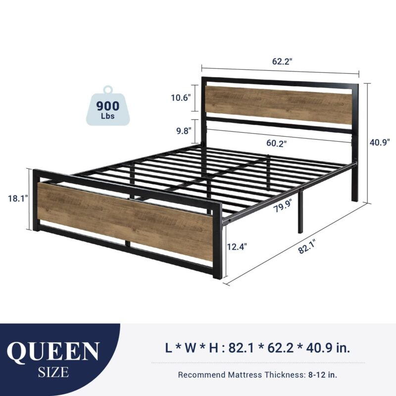Allewie Queen Size Metal Platform Bed Frame with Square Frame Wooden Headboard&Footboard, 12.4  Under-bed Storage Space, Brown - Image 8