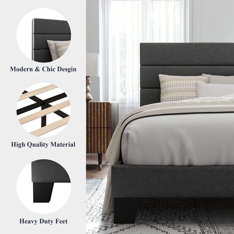 Allewie Queen Size Platform Bed Frame with Fabric Upholstered Headboard, No Box Spring Needed, Dark Grey - Image 3