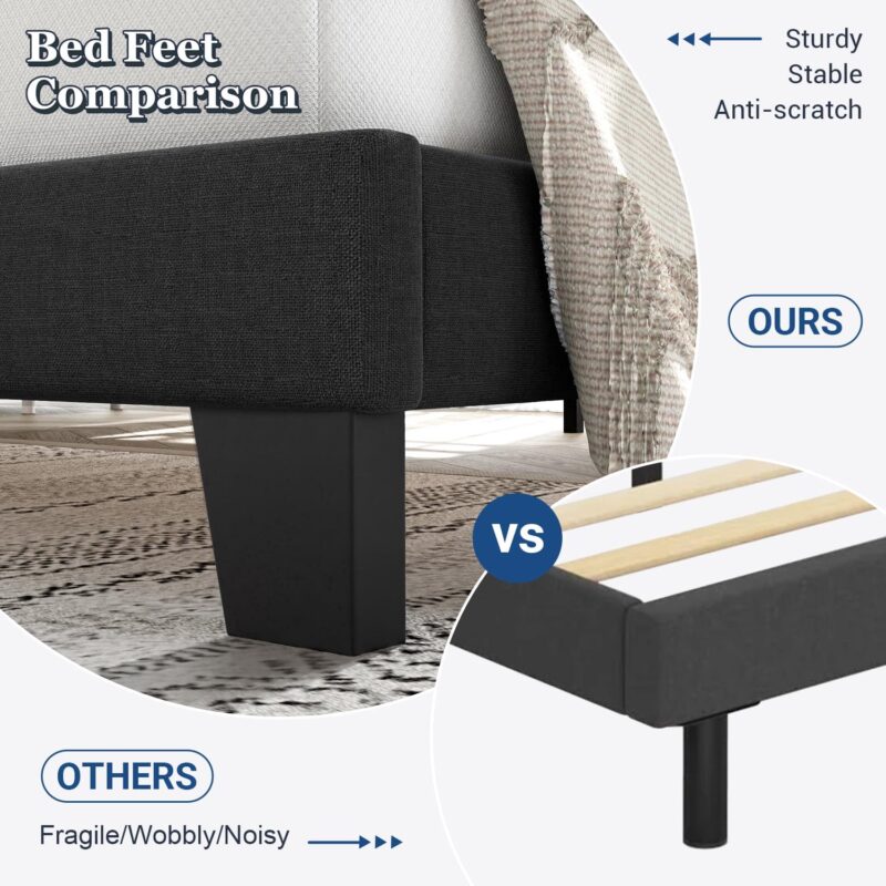 Allewie Queen Size Platform Bed Frame with Fabric Upholstered Headboard, No Box Spring Needed, Dark Grey - Image 9