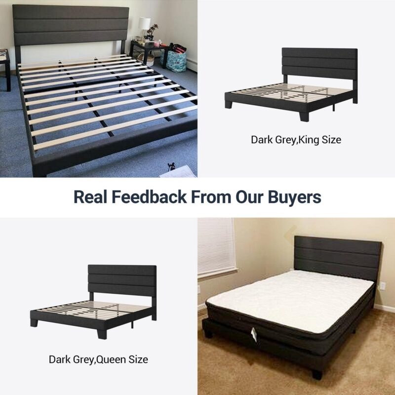 Allewie Queen Size Platform Bed Frame with Fabric Upholstered Headboard, No Box Spring Needed, Dark Grey - Image 10