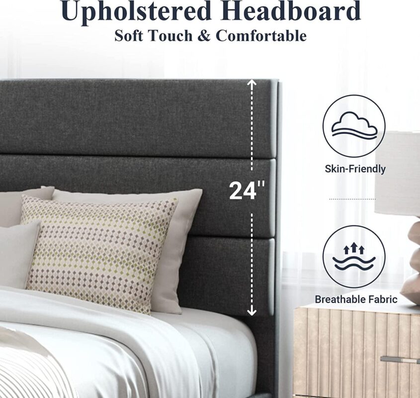 Allewie Queen Size Platform Bed Frame with Fabric Upholstered Headboard, No Box Spring Needed, Dark Grey - Image 4