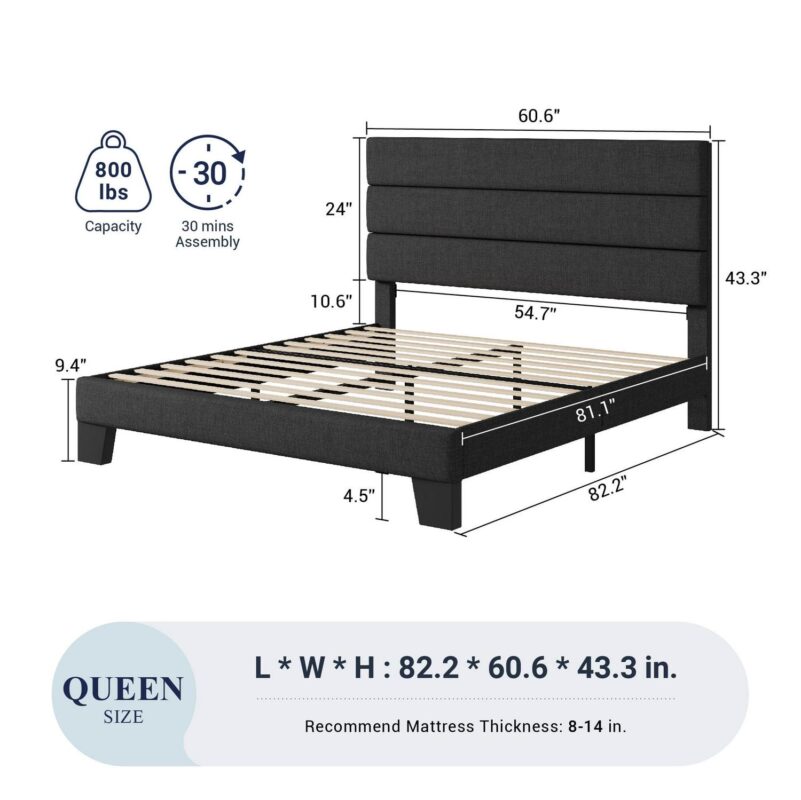 Allewie Queen Size Platform Bed Frame with Fabric Upholstered Headboard, No Box Spring Needed, Dark Grey - Image 7