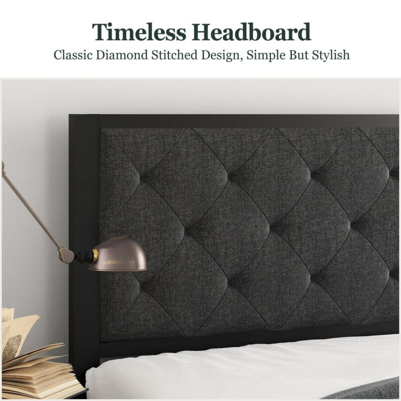 Amolife Twin Size Metal Bed Frame with Upholstered Headboard, Dark Gray - Image 3