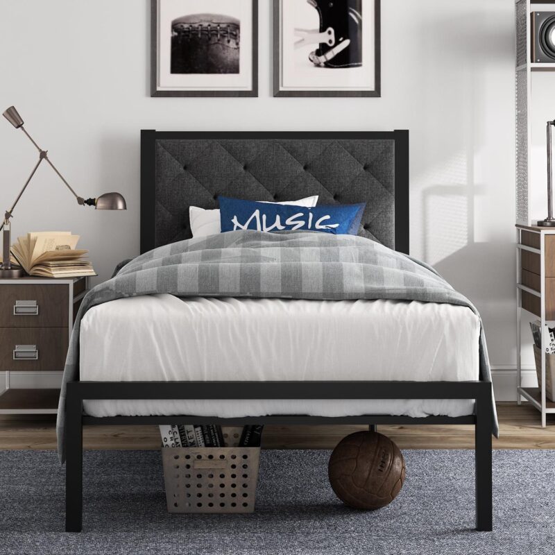 Amolife Twin Size Metal Bed Frame with Upholstered Headboard, Dark Gray - Image 2