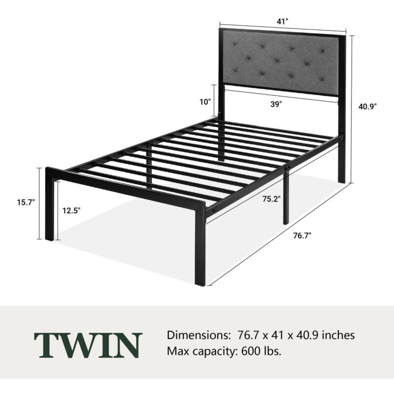 Amolife Twin Size Metal Bed Frame with Upholstered Headboard, Dark Gray - Image 7