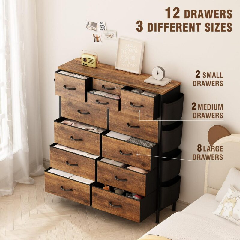 Aowos Dresser for Bedroom with 12 Drawer Tall Dresser Chest of Drawers Fabric Dressers Storage for Closet Living Room Hallway, Rustic Brown - Image 4