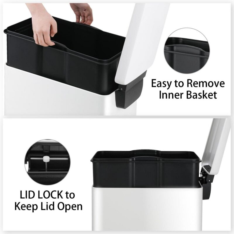 Arlopu 13.2 Gallon Rectangular Kitchen Step Trash Can with Soft-Close Lid, Stainless Steel Slim Trash Can with Foot Pedal - Image 2