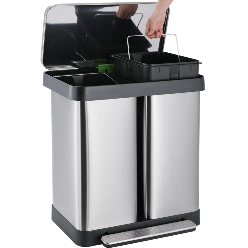 Arlopu 16 Gallon / 60L Dual Trash Can, Stainless Steel Kitchen Garbage Can with Soft-Close Lid, Home Office Classified Recycle Bin