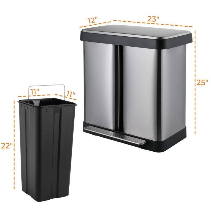 Arlopu 16 Gallon / 60L Dual Trash Can, Stainless Steel Kitchen Garbage Can with Soft-Close Lid, Home Office Classified Recycle Bin - Image 6