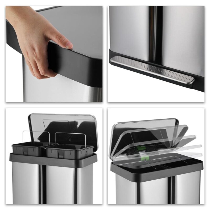 Arlopu 16 Gallon / 60L Dual Trash Can, Stainless Steel Kitchen Garbage Can with Soft-Close Lid, Home Office Classified Recycle Bin - Image 3