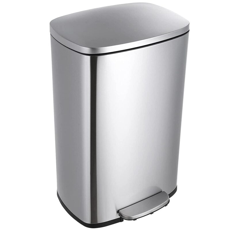 Arlopu 50L/13.2 Gallon Step Trash Can, Rectangular Stainless Steel Kitchen Garbage Bin with PP Buckets and Lid
