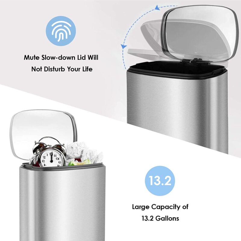 Arlopu 50L/13.2 Gallon Step Trash Can, Rectangular Stainless Steel Kitchen Garbage Bin with PP Buckets and Lid - Image 5