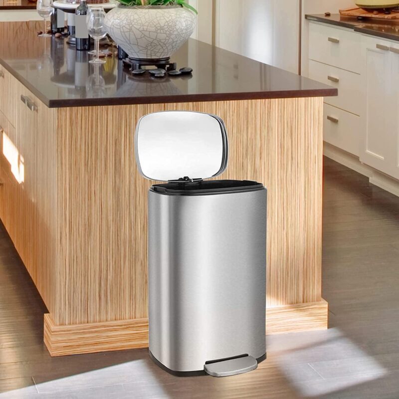 Arlopu 50L/13.2 Gallon Step Trash Can, Rectangular Stainless Steel Kitchen Garbage Bin with PP Buckets and Lid - Image 4