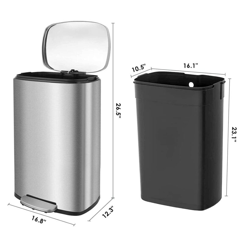 Arlopu 50L/13.2 Gallon Step Trash Can, Rectangular Stainless Steel Kitchen Garbage Bin with PP Buckets and Lid - Image 7