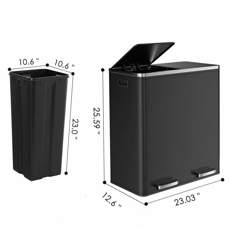 Arlopu 60 L/16 gal Dual Trash Can, Stainless Steel Garbage Can for Kitchen, Recycle Bin with Lid - Image 4