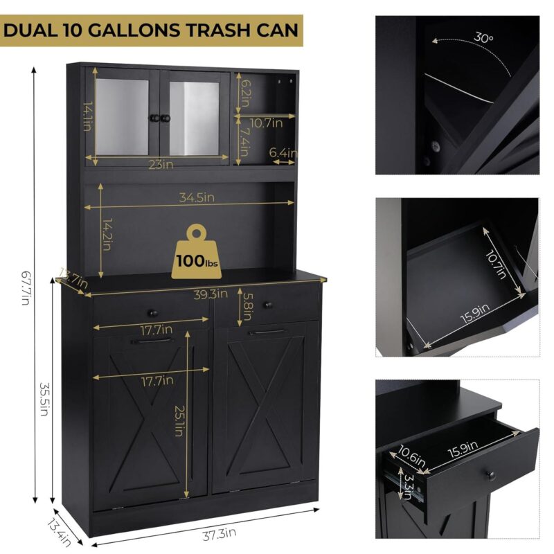 Arlopu Kitchen Pantry Storage Cabinet, Wooden Double Tilt Out Trash Cabinet Freestanding Garbage Bin Holder Recycling Cabinet with Drawers, Shelves - Image 7