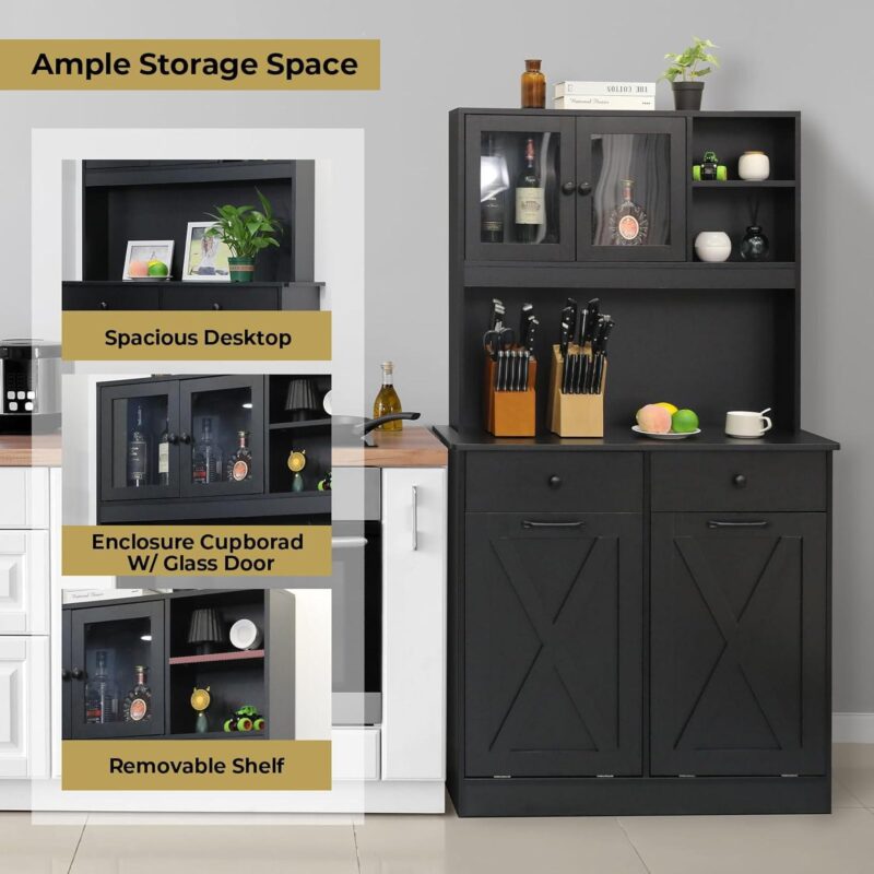 Arlopu Kitchen Pantry Storage Cabinet, Wooden Double Tilt Out Trash Cabinet Freestanding Garbage Bin Holder Recycling Cabinet with Drawers, Shelves - Image 5