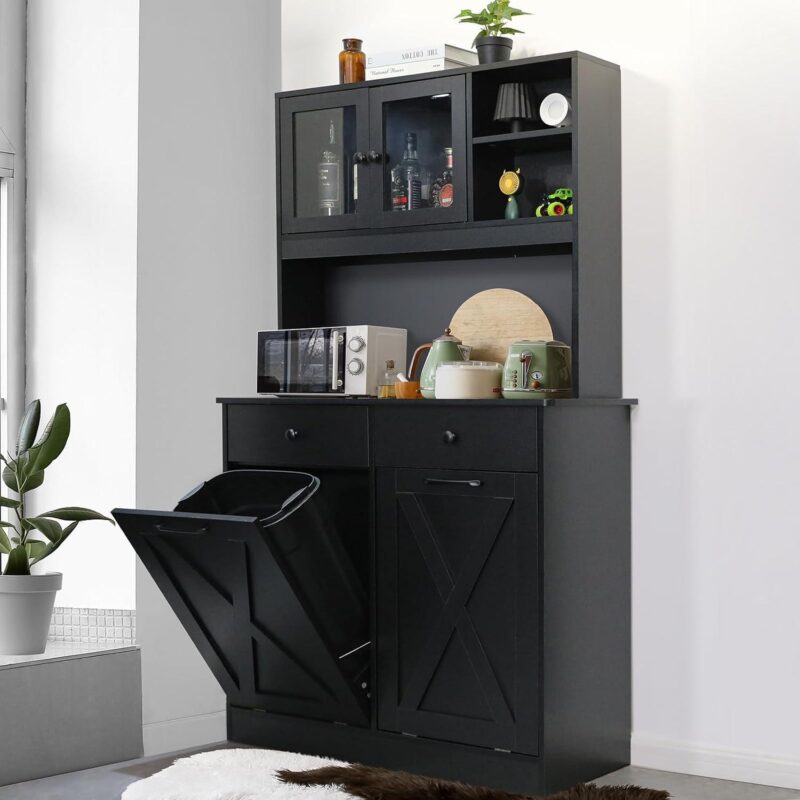 Arlopu Kitchen Pantry Storage Cabinet, Wooden Double Tilt Out Trash Cabinet Freestanding Garbage Bin Holder Recycling Cabinet with Drawers, Shelves - Image 3