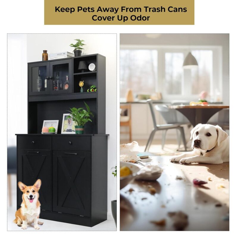 Arlopu Kitchen Pantry Storage Cabinet, Wooden Double Tilt Out Trash Cabinet Freestanding Garbage Bin Holder Recycling Cabinet with Drawers, Shelves - Image 4