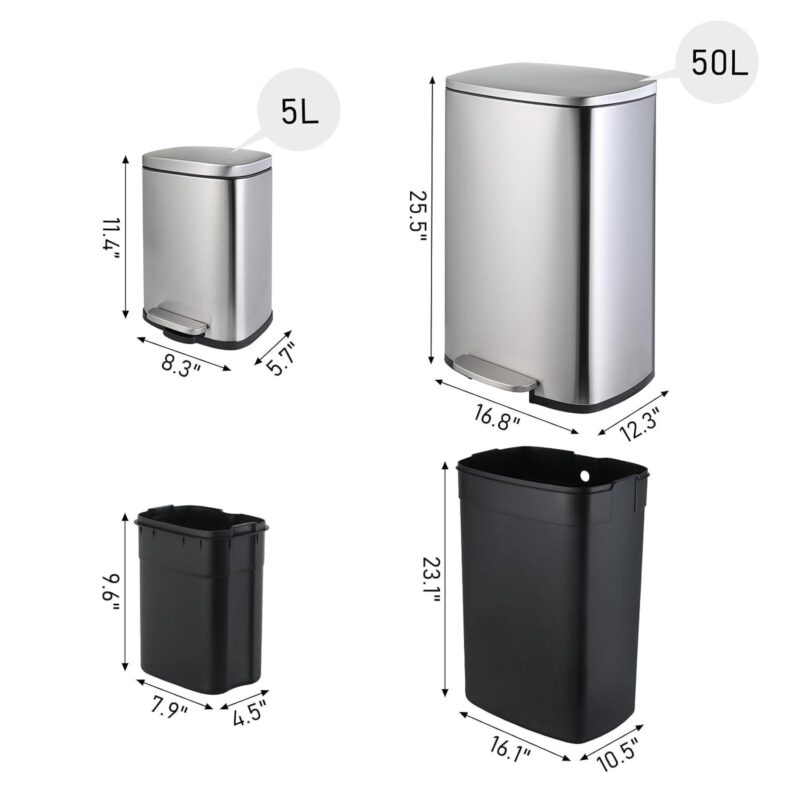 Arlopu Step Trash Can Combo Set, 13.2 Gallon and 1.3 Gallon, Stainless Steel Garbage Bin with Foot Pedal for Kitchen, Home, Office, Soft-Close Lid - Image 2