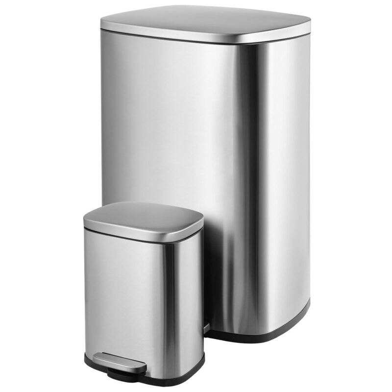 Arlopu Step Trash Can Combo Set, 13.2 Gallon and 1.3 Gallon, Stainless Steel Garbage Bin with Foot Pedal for Kitchen, Home, Office, Soft-Close Lid