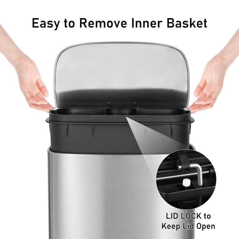 Arlopu Step Trash Can Combo Set, 13.2 Gallon and 1.3 Gallon, Stainless Steel Garbage Bin with Foot Pedal for Kitchen, Home, Office, Soft-Close Lid - Image 5