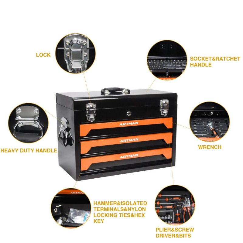 Aukfa 439-Piece Mechanics Tool Set, 3 Drawer Tool Organizer Metal Box w/ Tool Kit for Home, Auto Repair, Orange - Image 3