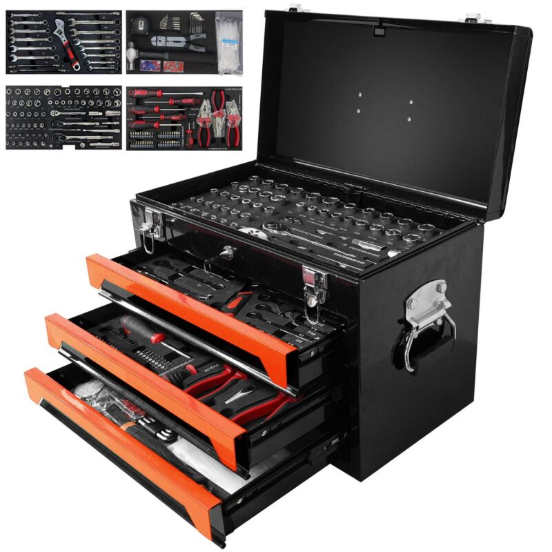 Aukfa 439-Piece Mechanics Tool Set, 3 Drawer Tool Organizer Metal Box w/ Tool Kit for Home, Auto Repair, Orange
