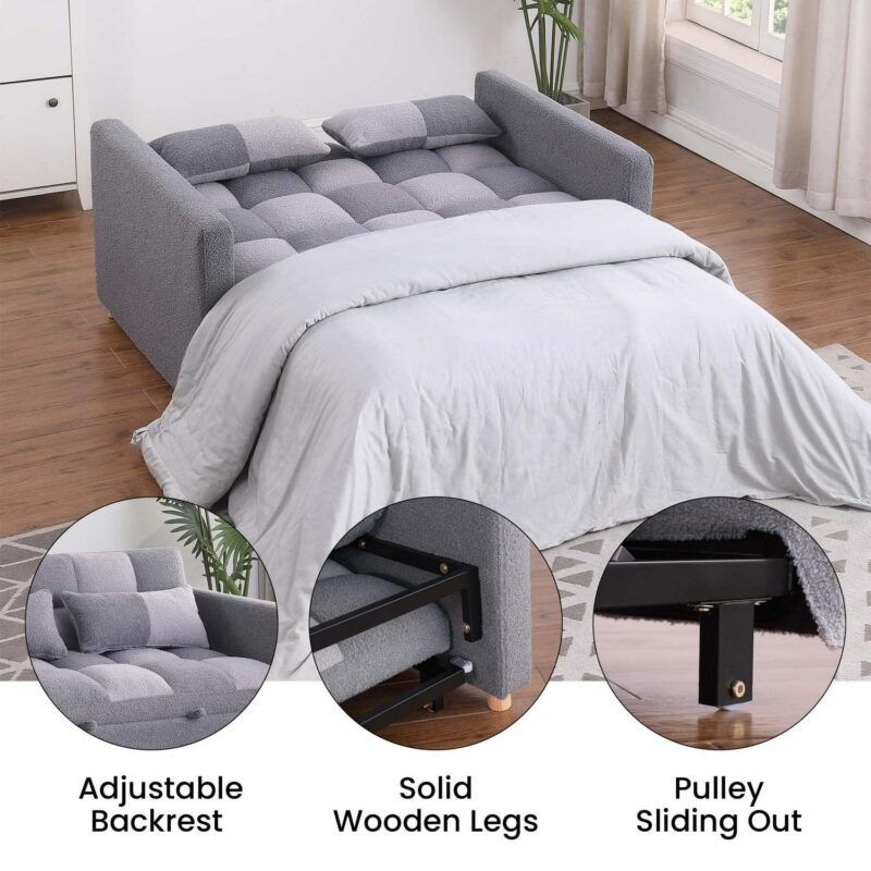 Aukfa 53.5  Convertible Loveseat Sleeper, Pull Out Sofa Bed, Teddy, Gray - Image 3