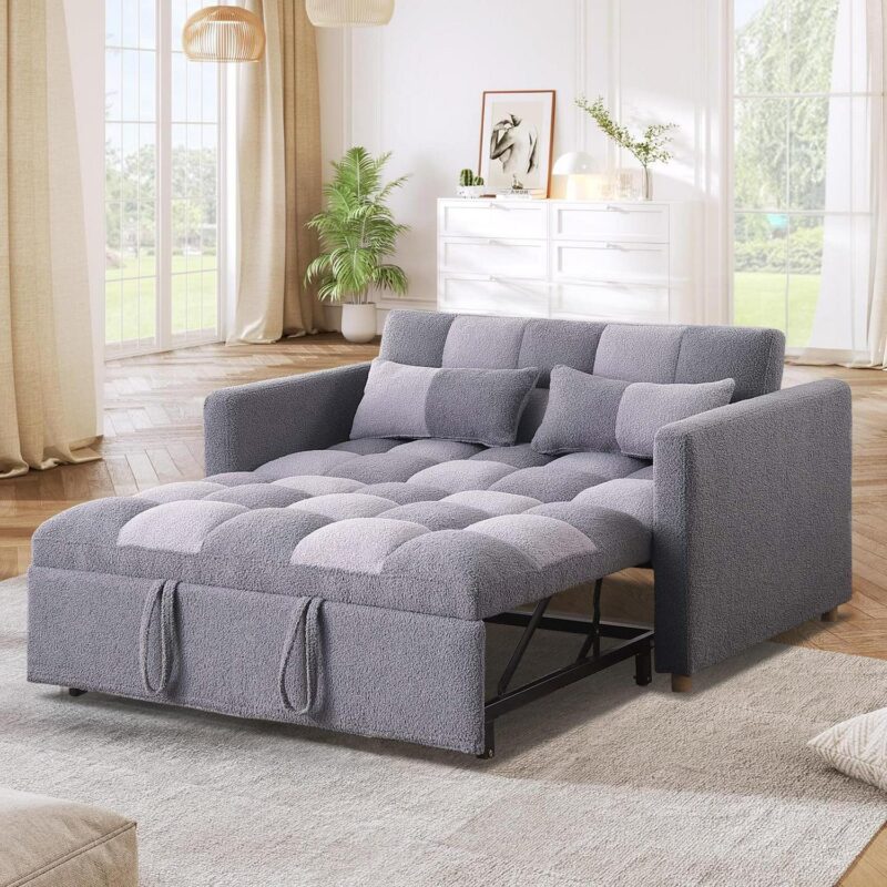 Aukfa 53.5  Convertible Loveseat Sleeper, Pull Out Sofa Bed, Teddy, Gray