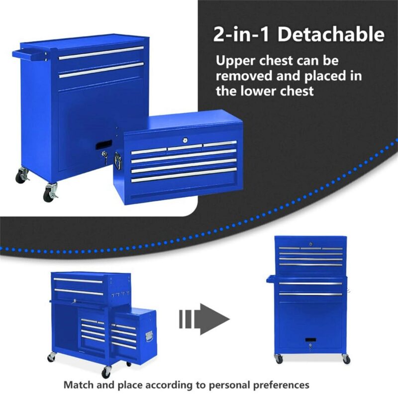 Aukfa Tool Box, 2 in 1 Steel Rolling Tool Chest and Cabinet on Wheels for Garage, 8-Drawers, Blue - Image 3