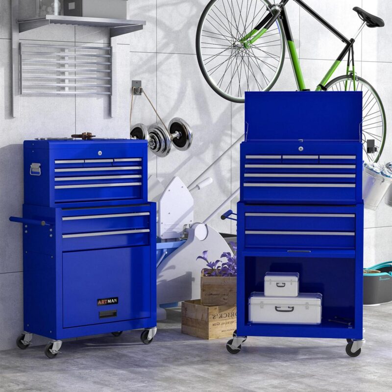Aukfa Tool Box, 2 in 1 Steel Rolling Tool Chest and Cabinet on Wheels for Garage, 8-Drawers, Blue - Image 5