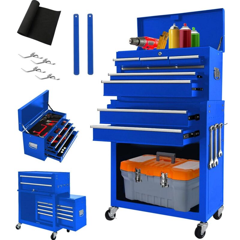 Aukfa Tool Box, 2 in 1 Steel Rolling Tool Chest and Cabinet on Wheels for Garage, 8-Drawers, Blue