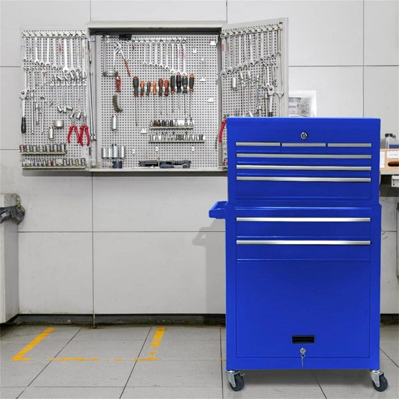 Aukfa Tool Box, 2 in 1 Steel Rolling Tool Chest and Cabinet on Wheels for Garage, 8-Drawers, Blue - Image 2