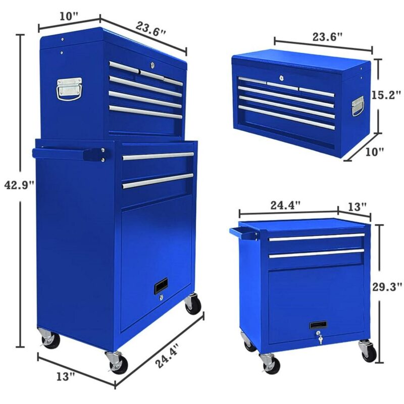 Aukfa Tool Box, 2 in 1 Steel Rolling Tool Chest and Cabinet on Wheels for Garage, 8-Drawers, Blue - Image 4